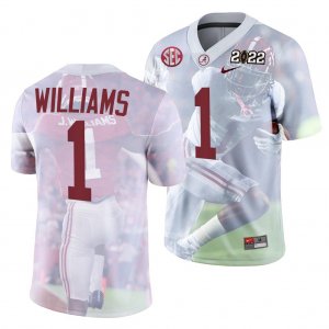 Men's Alabama Crimson Tide #1 Jameson Williams 2022 National Championship White NCAA Decisive Highlights College Football Jersey 2403QUYE3